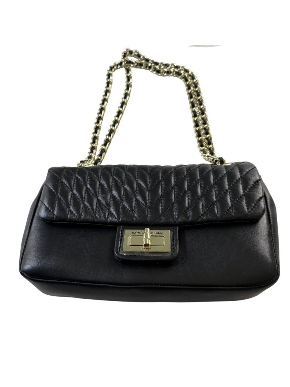 Karl Lagerfeld Paris NWT Black Leather Quilted Shoulder Bag Gold Chain Old Money
